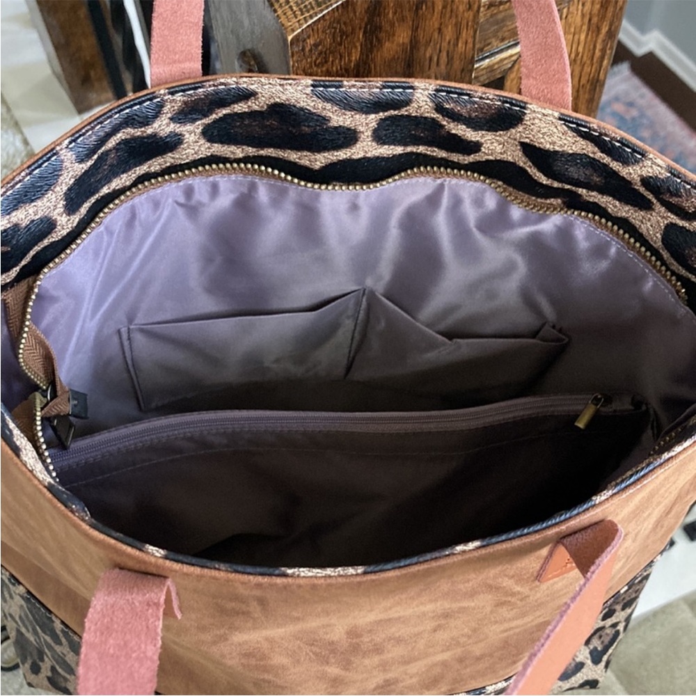 Brown Faux Leather with Leopard Print Tote - Picture 5 of 13